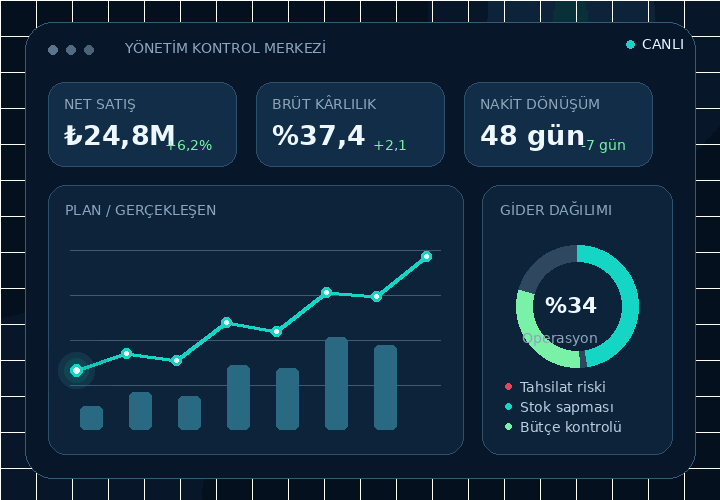 Satış, kârlılık, nakit ve gider göstergelerini hareketli olarak gösteren temsili yönetim kontrol merkezi